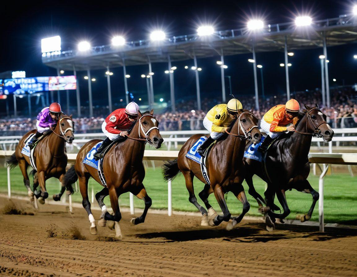 A dynamic scene capturing the thrill of horse racing at Batavia Downs, featuring excited spectators cheering amidst colorful banners and a vibrant racetrack. In the foreground, a majestic racehorse gallops with determination, while betting slips and gaming chips scattered around evoke the excitement of gaming events. The background reveals a lively atmosphere with colorful lights and banners, inviting viewers to experience the energy of the venue. super-realistic. vibrant colors. 3D.